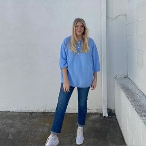 Powder blue H&M XXL sweater short sleeve shirt with rhinestone button detailing.